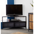 Black corner TV unit with open shelf and two mesh-front cabinet doors under a TV