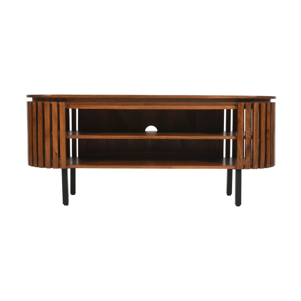 Slatted mango wood TV console with open center shelf and black metal legs