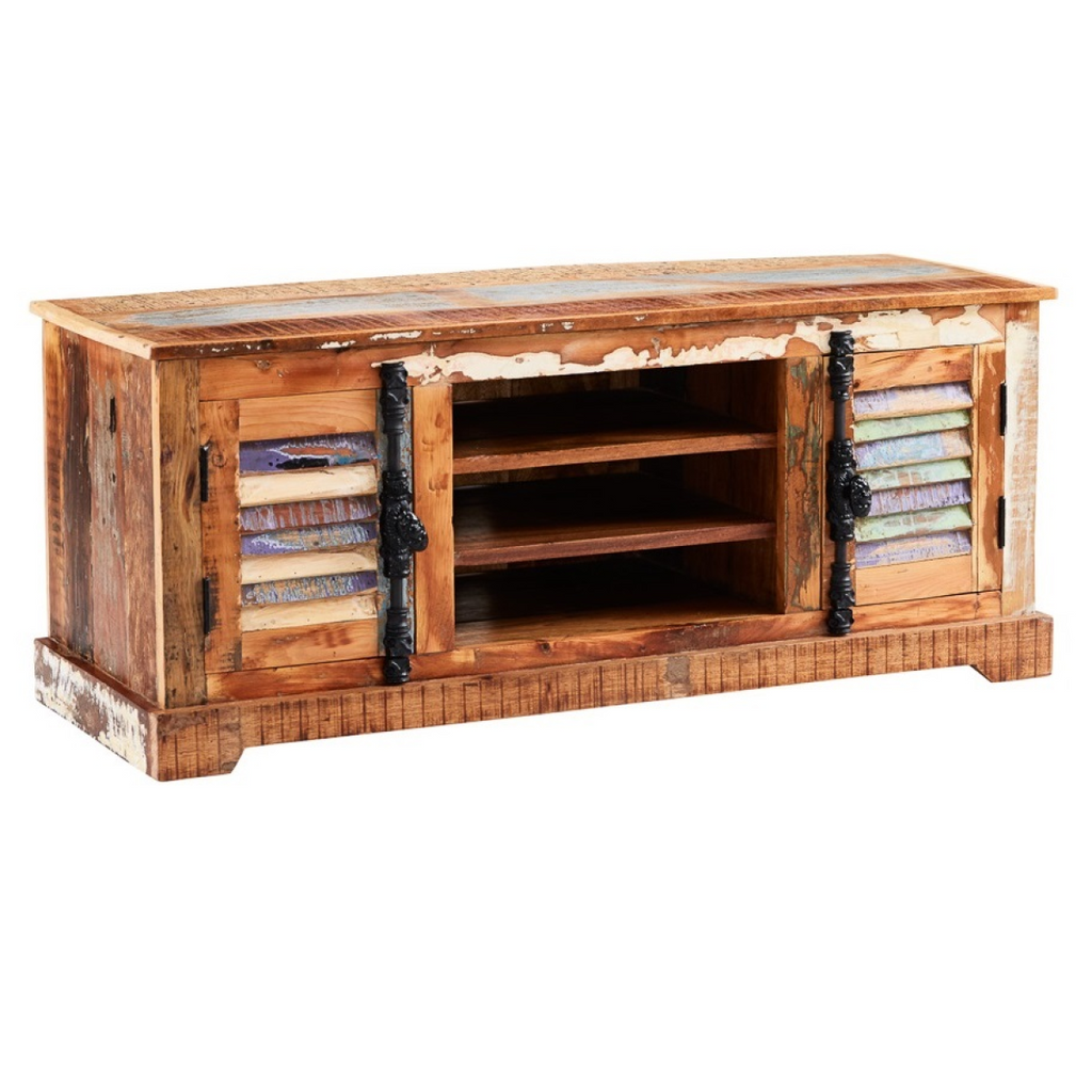 Distressed wood TV cabinet with open shelves and black metal-framed doors, farmhouse style