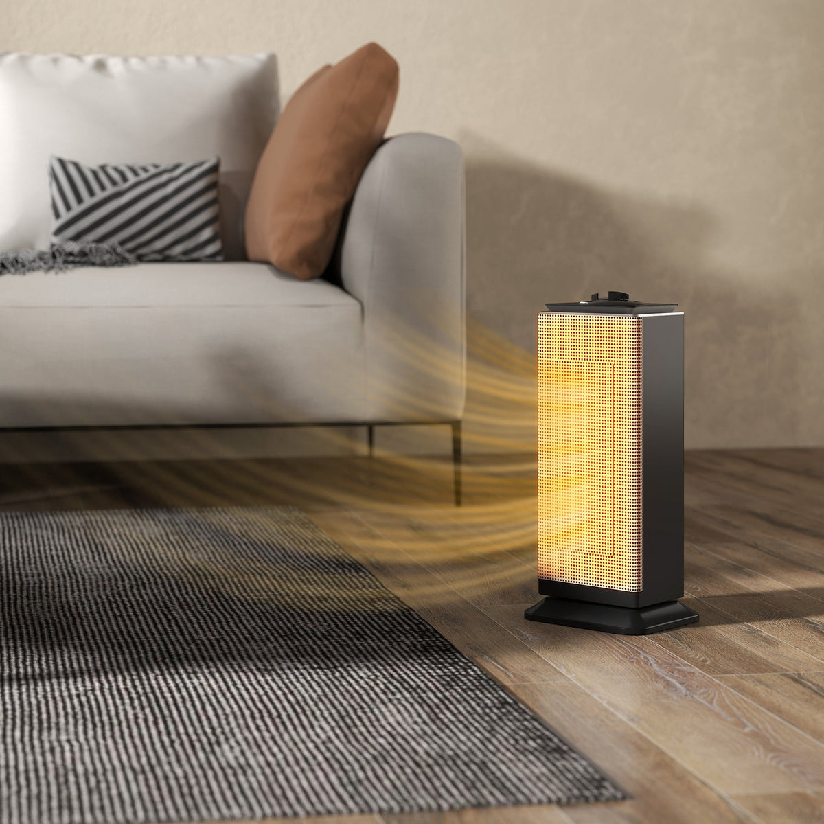 Black ceramic electric space heater with warm glow near sofa and rug