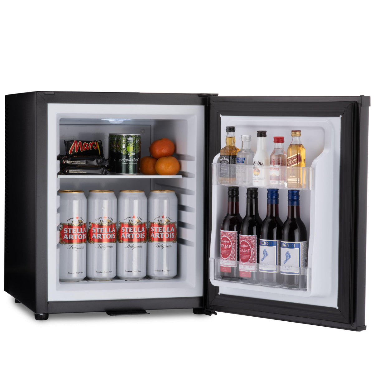 Black mini bar fridge with open doors and drink bottles and cups on shelves