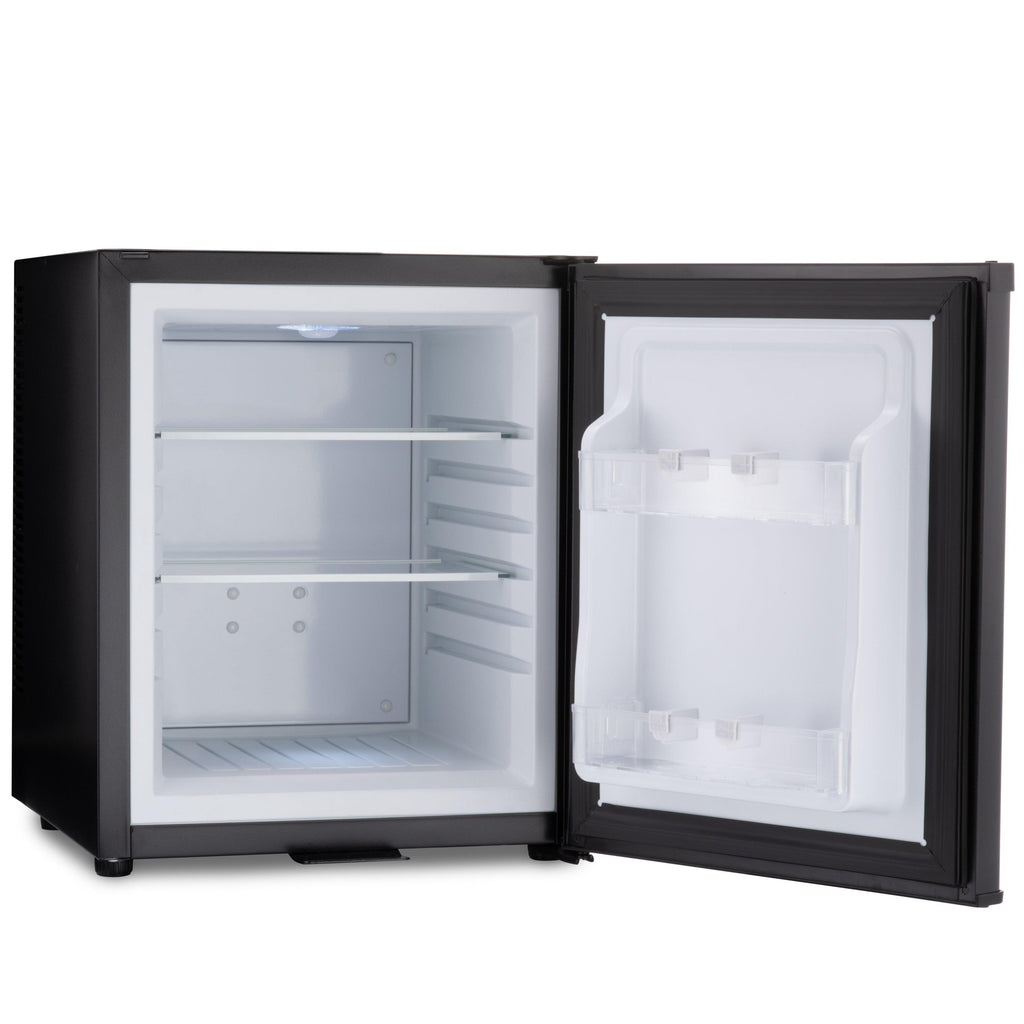 Black mini bar fridge with open doors showing empty interior shelves and bins