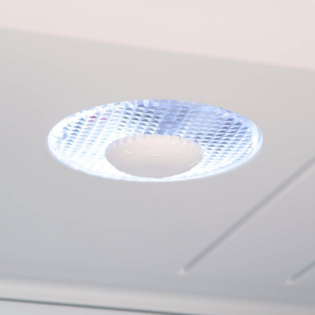 LED ceiling light panel inside mini bar fridge, white glow