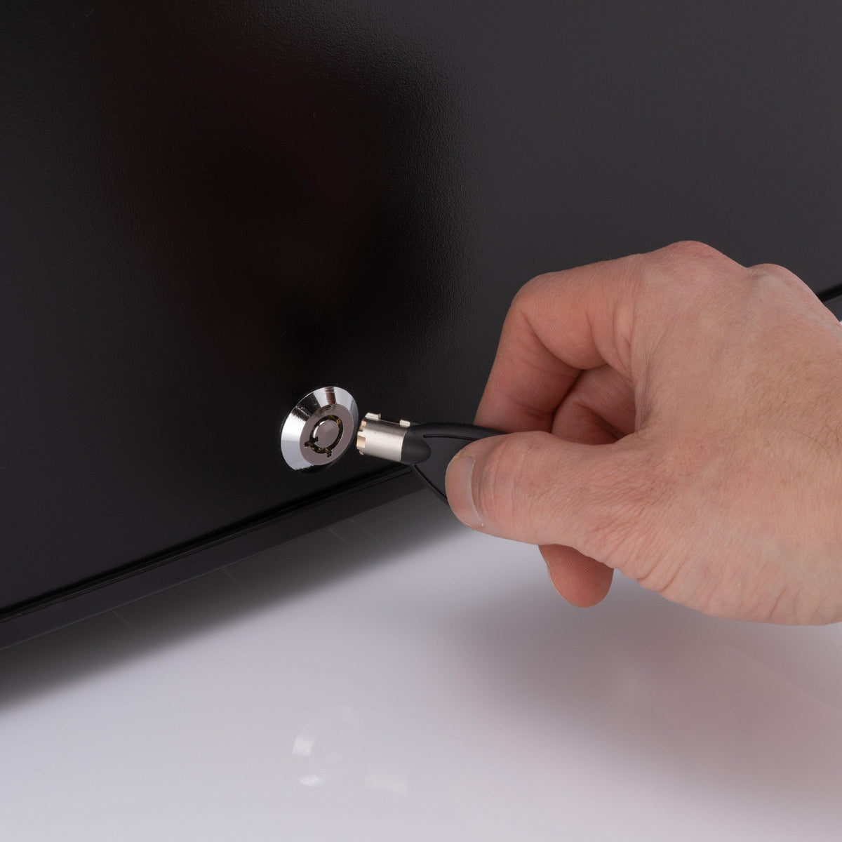 Mini bar fridge door lock and handle, chrome with black key cylinder