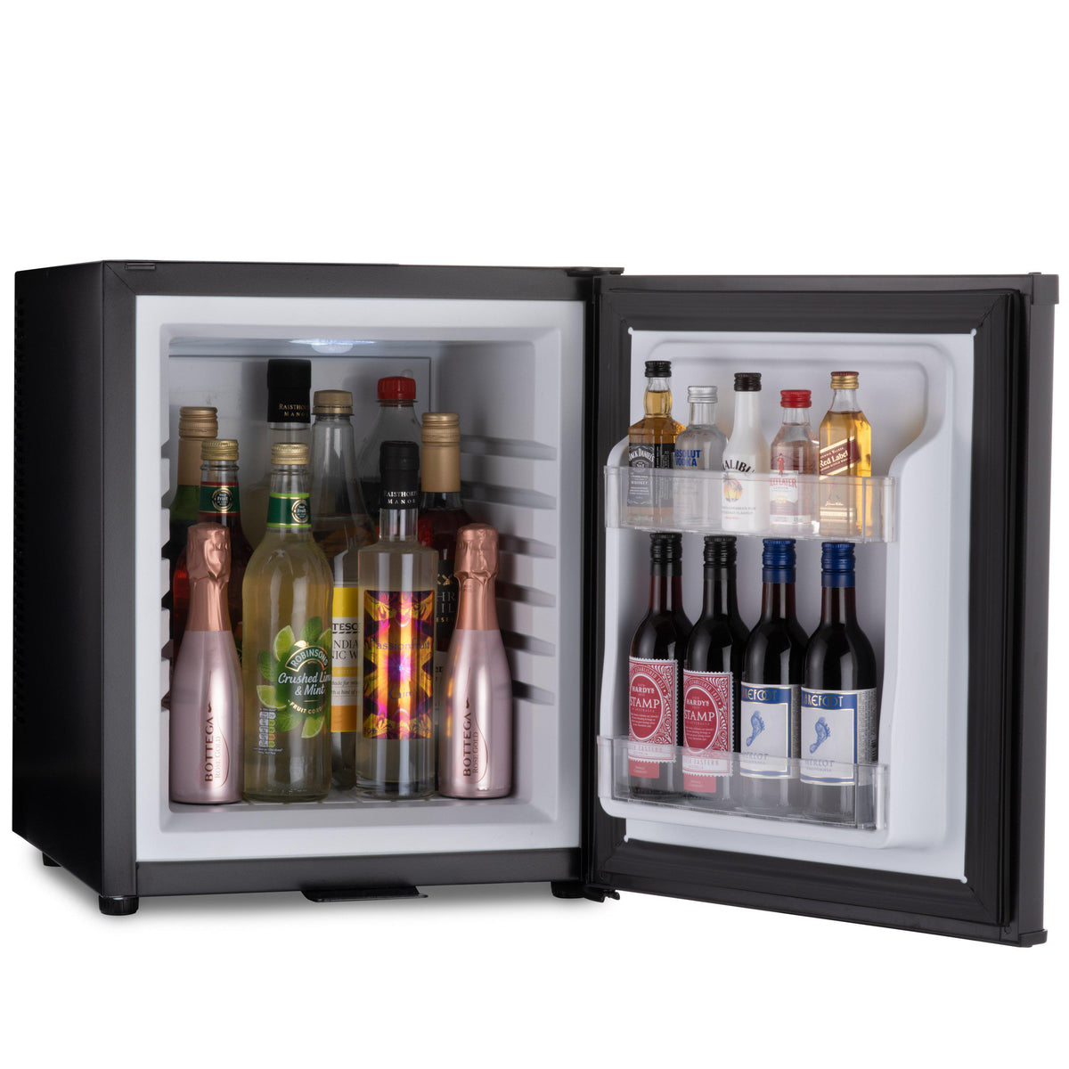 Black mini bar fridge with open doors, bottles on right shelf and drinks on left