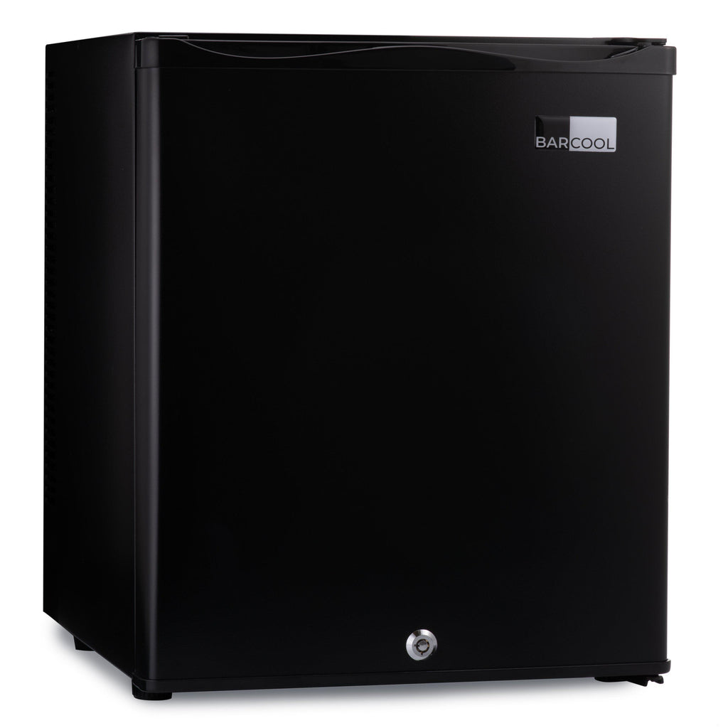 Black mini bar fridge, front view with door closed
