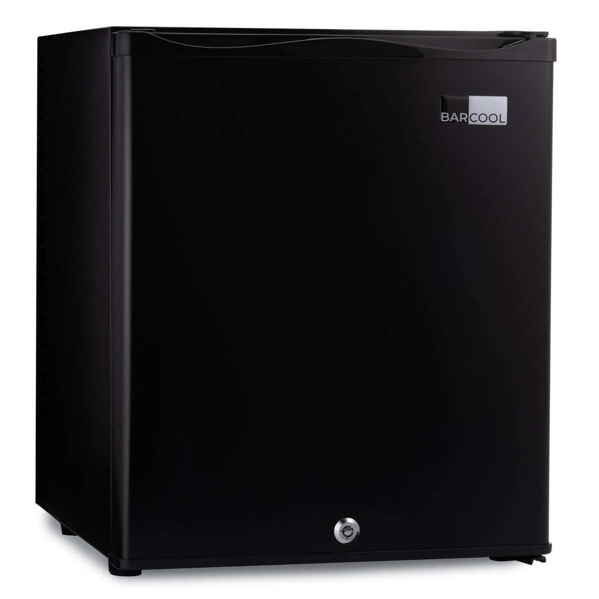 Black mini bar fridge, front view with door closed