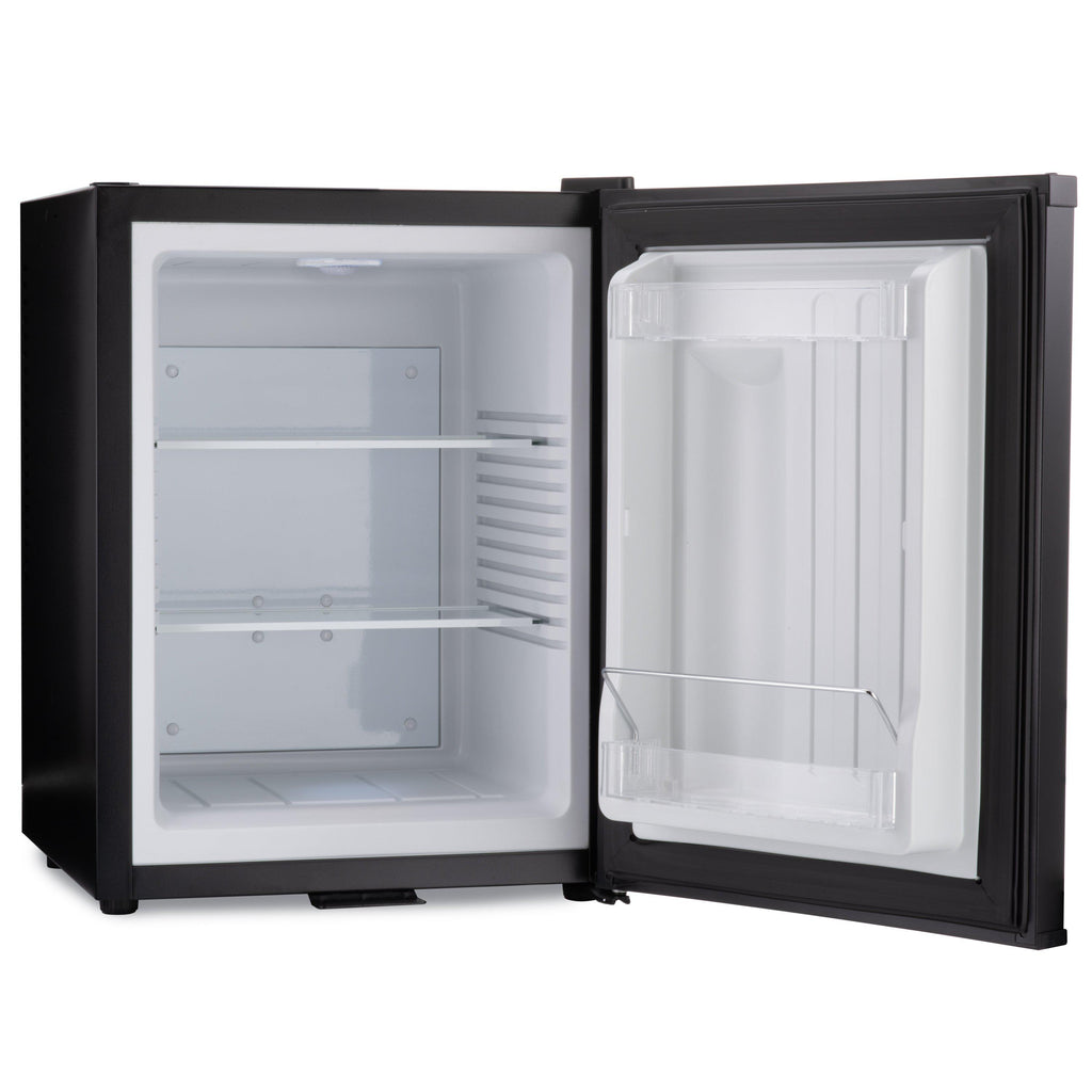 Black mini bar fridge with doors open; empty white interior shelves and door bin