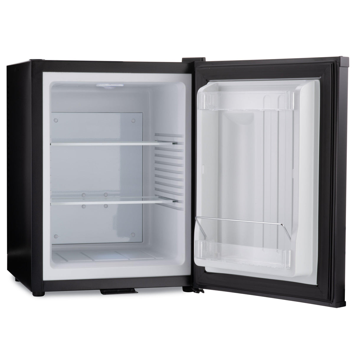 Black mini bar fridge with doors open; empty white interior shelves and door bin