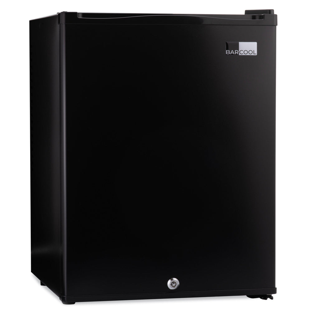 Black mini bar fridge with front lock and bottom leveling feet, closed