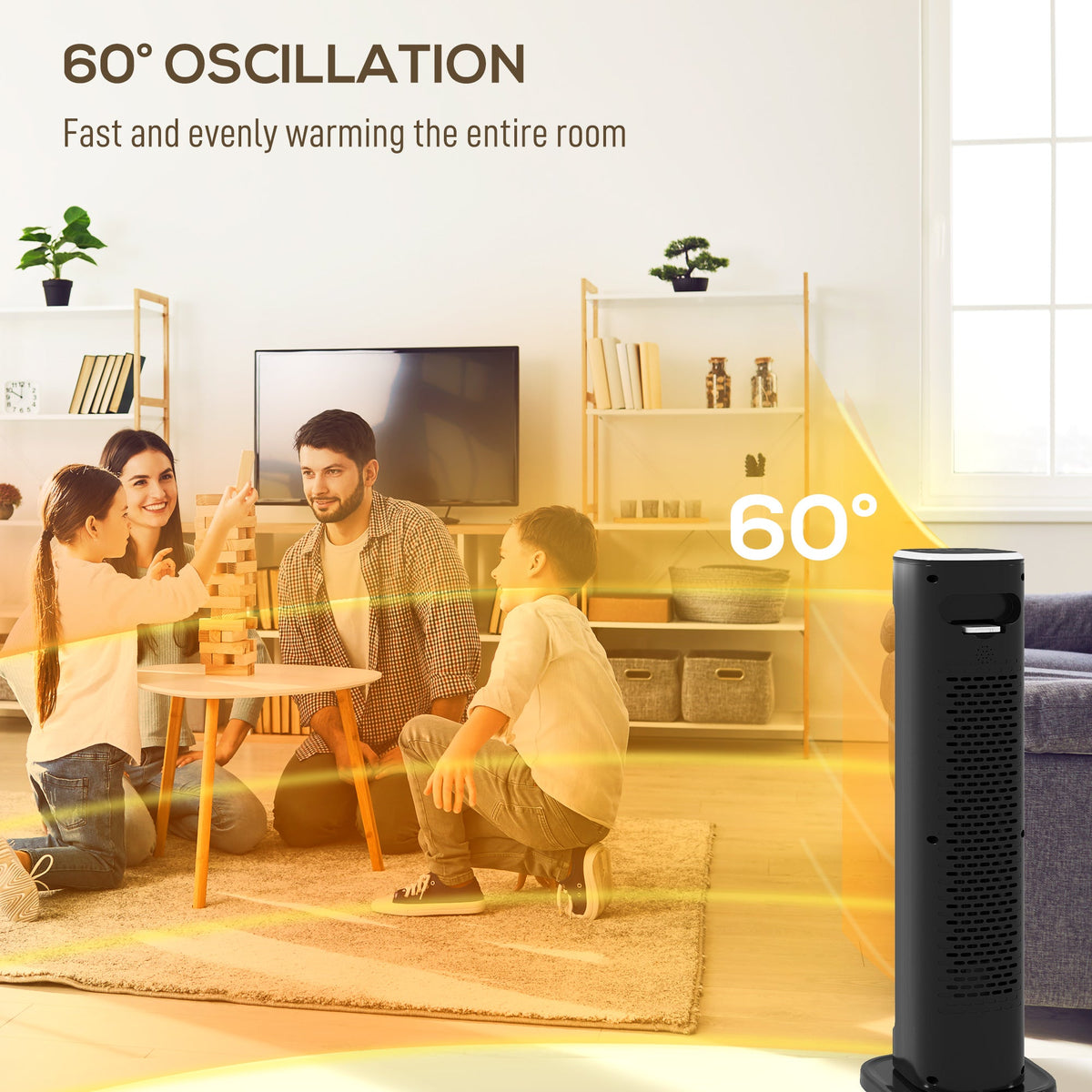 Black ceramic tower electric heater with glowing element and visible airflow effect