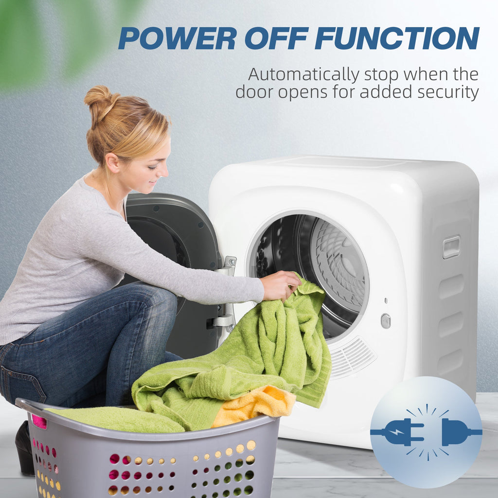 White compact tumble dryer with open door and laundry loading view of the drum