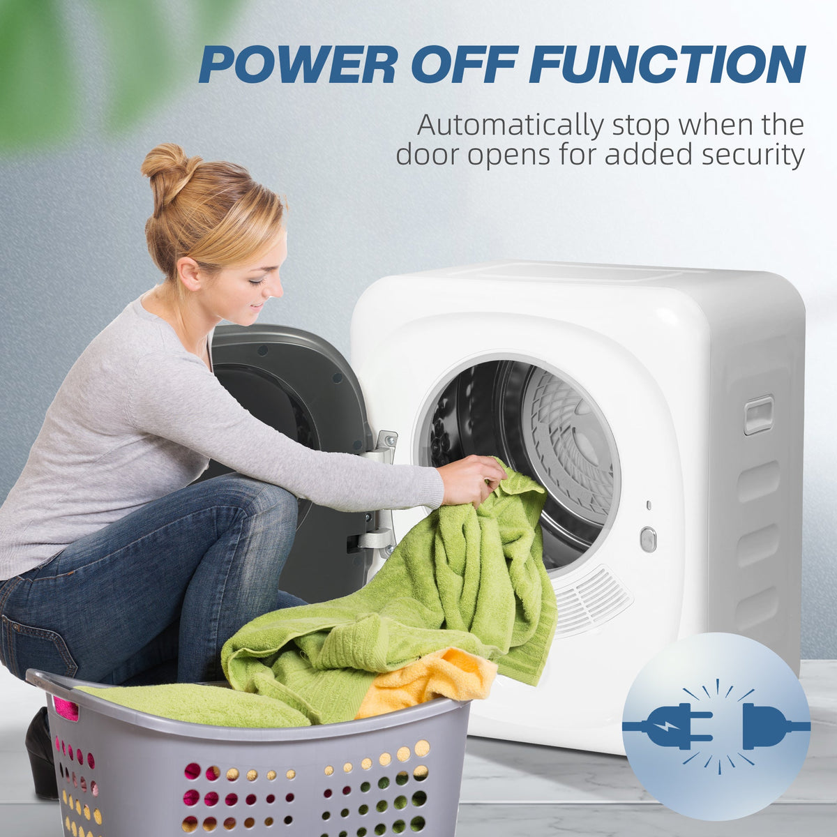 White compact tumble dryer with open door and laundry loading view of the drum