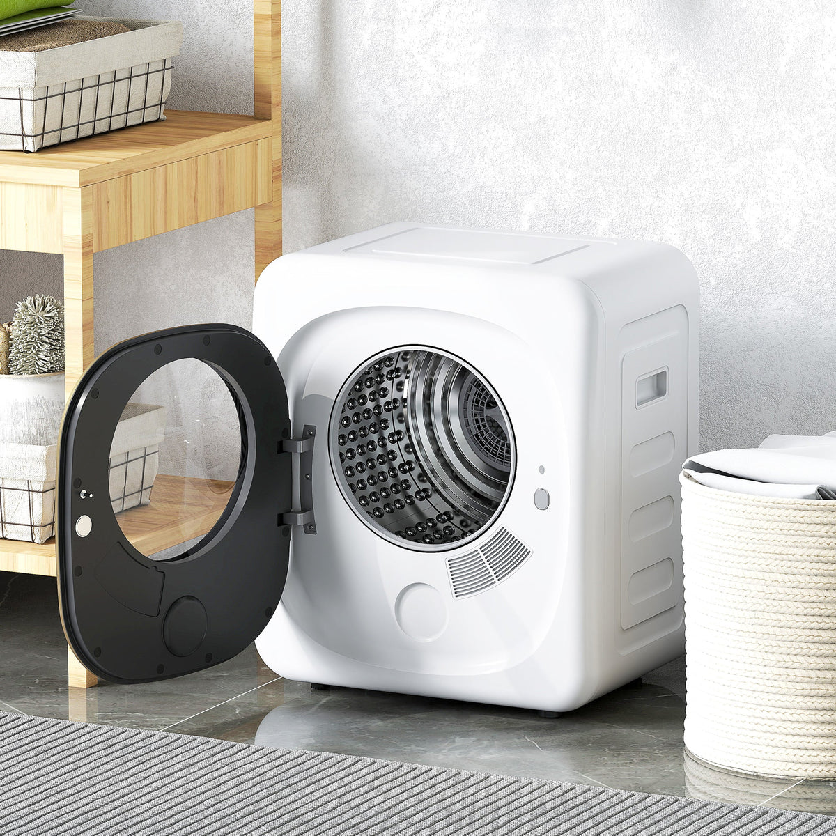 White compact vented front-loading tumble dryer with open door and circular drum window