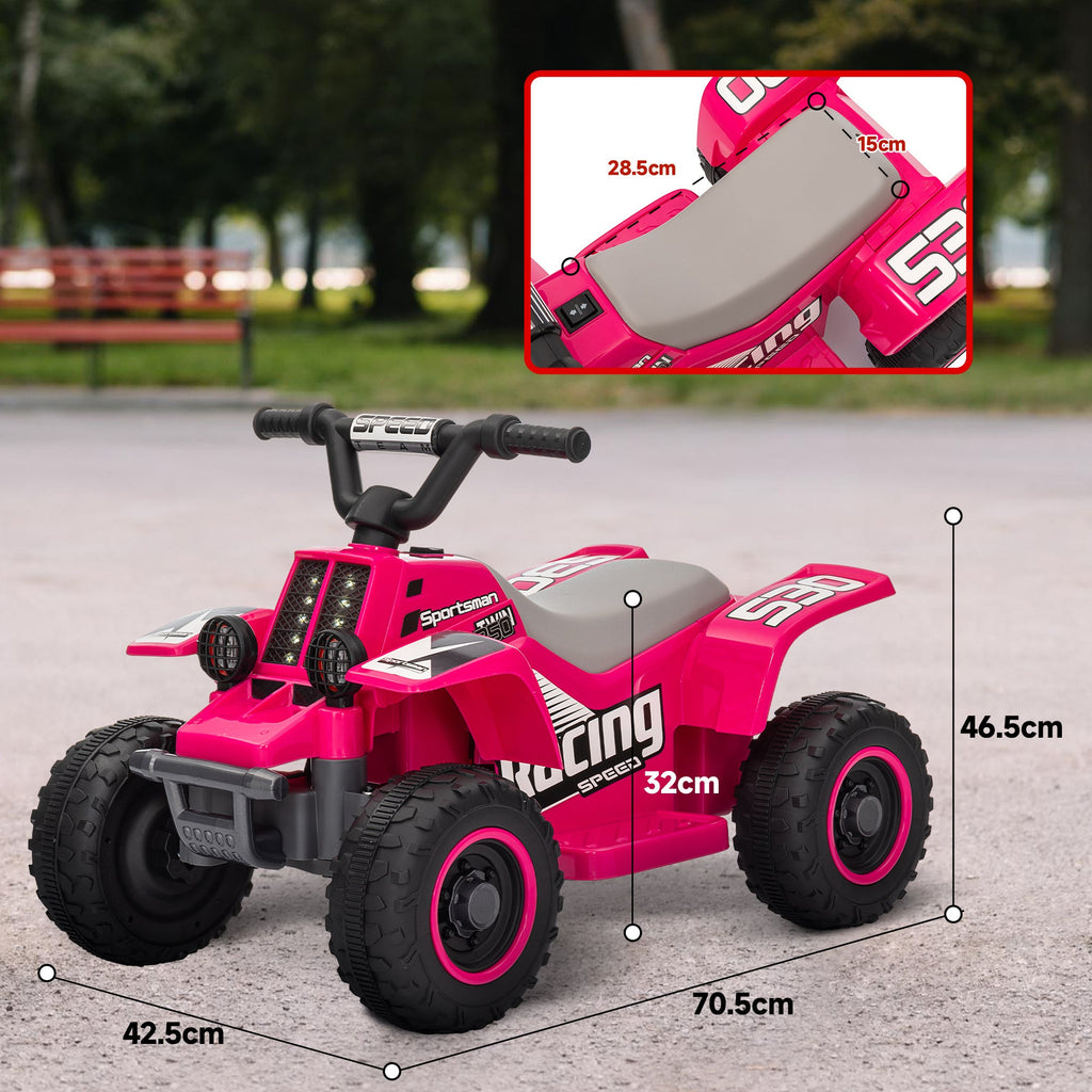 Pink kids electric quad bike with beige seat and rugged tires, side view