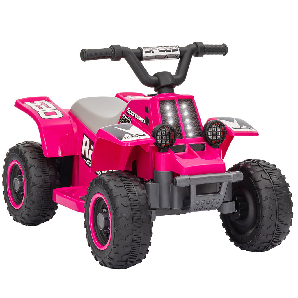Pink electric kids quad bike with gray seat, black handlebars, and LED headlights.