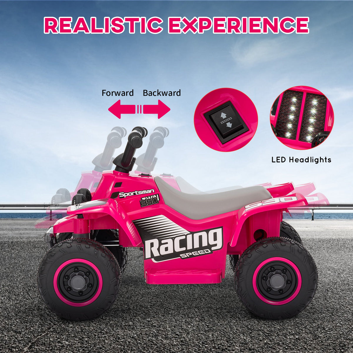 Pink electric kids quad bike with LED headlight details and front black bumper