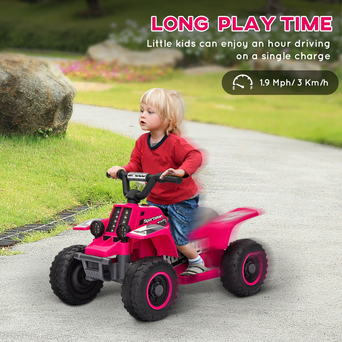 Pink kids electric quad bike with kid seated, black handlebars and pink-trimmed wheels