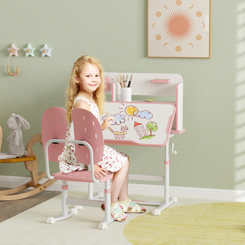 Pink kids desk and chair set with tiltable surface, reading rack and pen holder