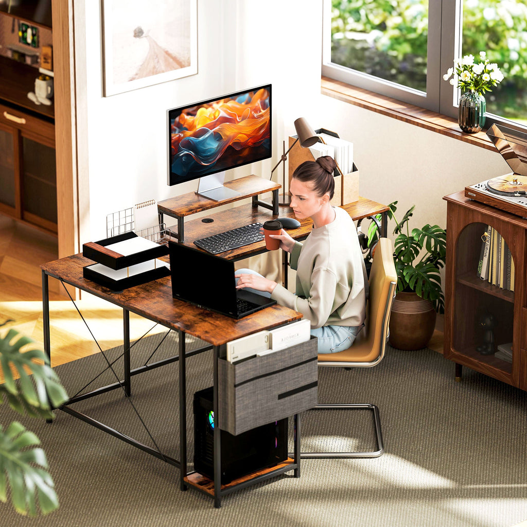 HOMCOM reversible L-shaped desk with rustic brown desktop, drawer cabinet, and metal frame