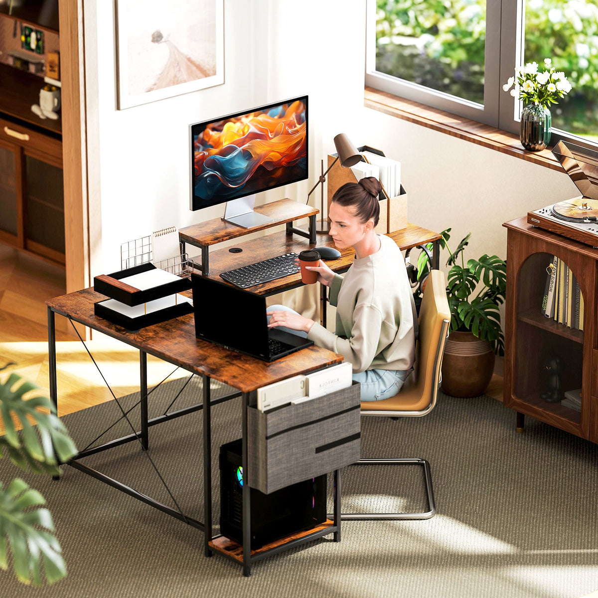 HOMCOM reversible L-shaped desk with rustic brown desktop, drawer cabinet, and metal frame