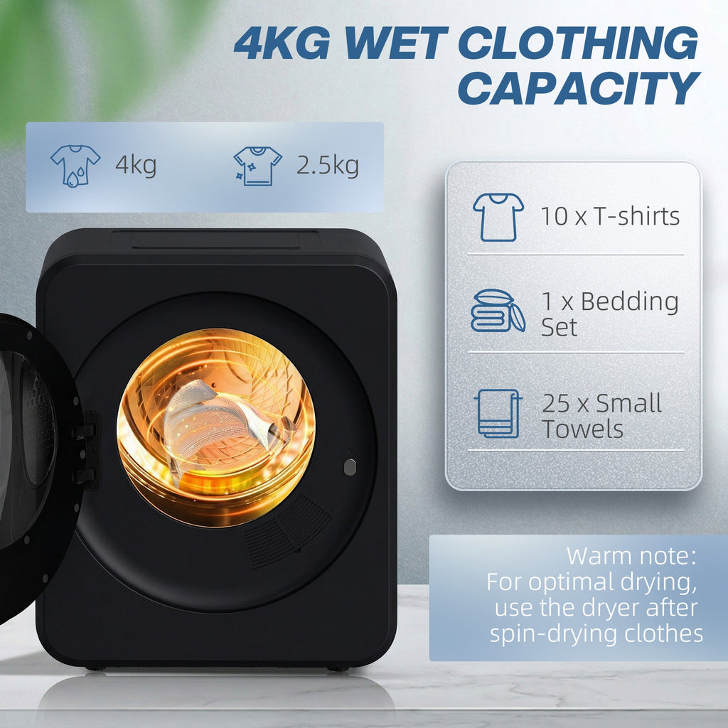 Black tumble dryer with open door and warm-lit stainless drum interior