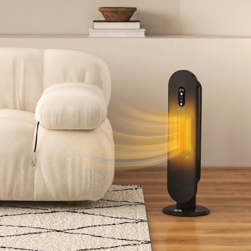 Black oscillating ceramic space heater on stand base with glowing heat