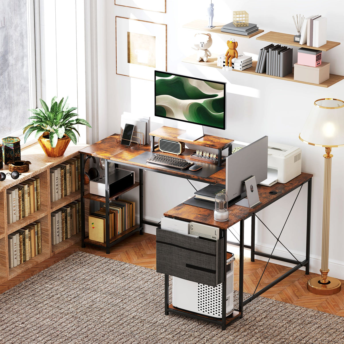 Rustic brown reversible L-shaped desk with dual monitor stand, drawers, and open side shelves
