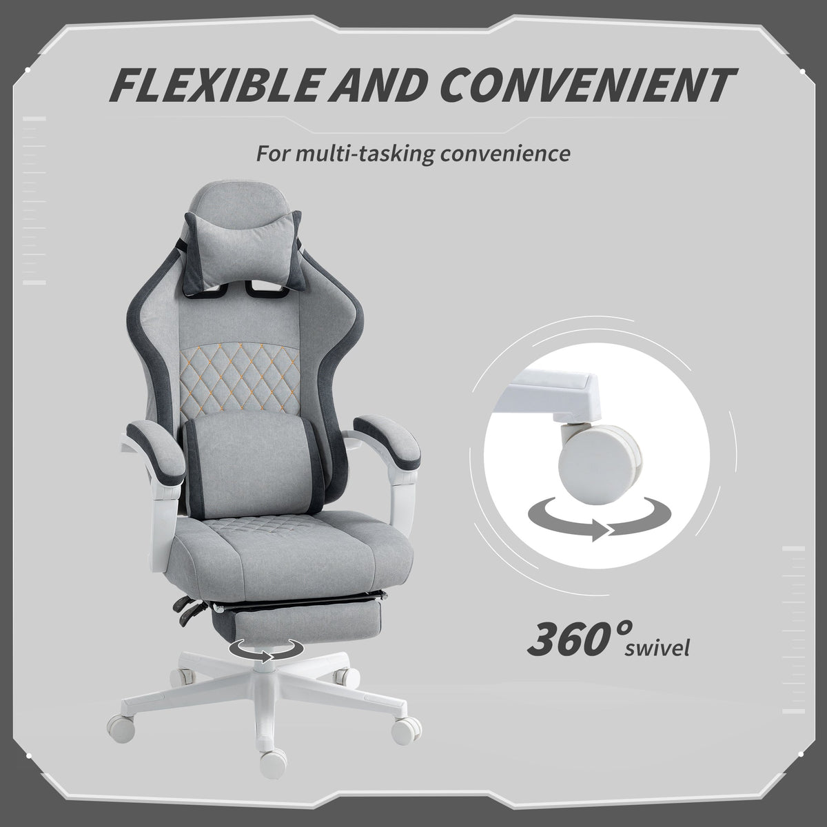 Grey ergonomic gaming chair with 360-degree swivel base and padded armrests