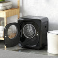 Black front-load vented tumble dryer with open door and round glass window