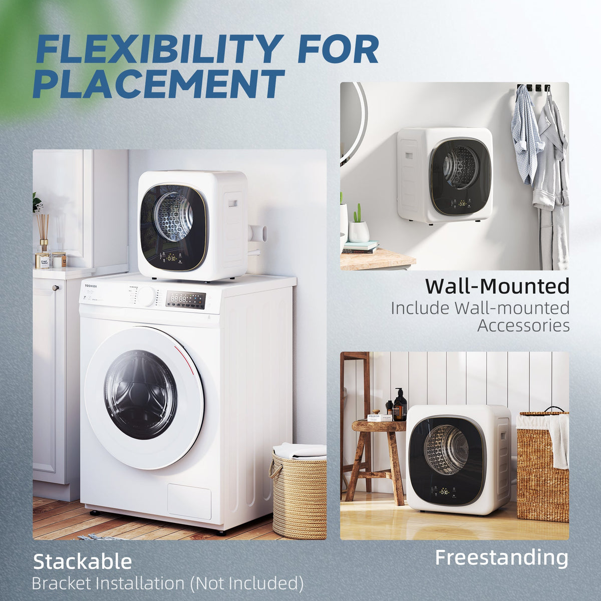 White compact tumble dryer shown freestanding and wall-mounted on a small unit