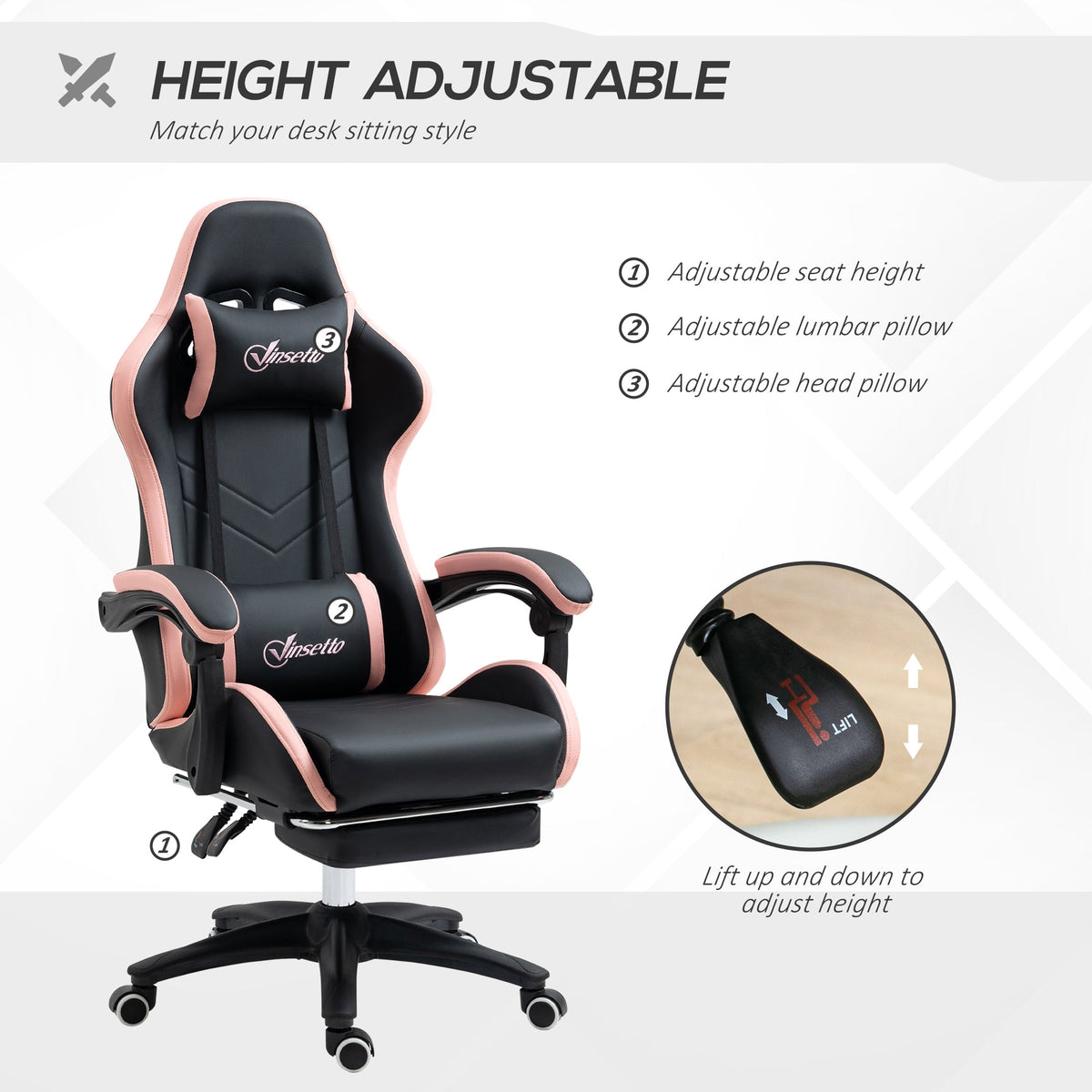 Black and pink gaming chair with adjustable headrest, lumbar support, and reclining footrest