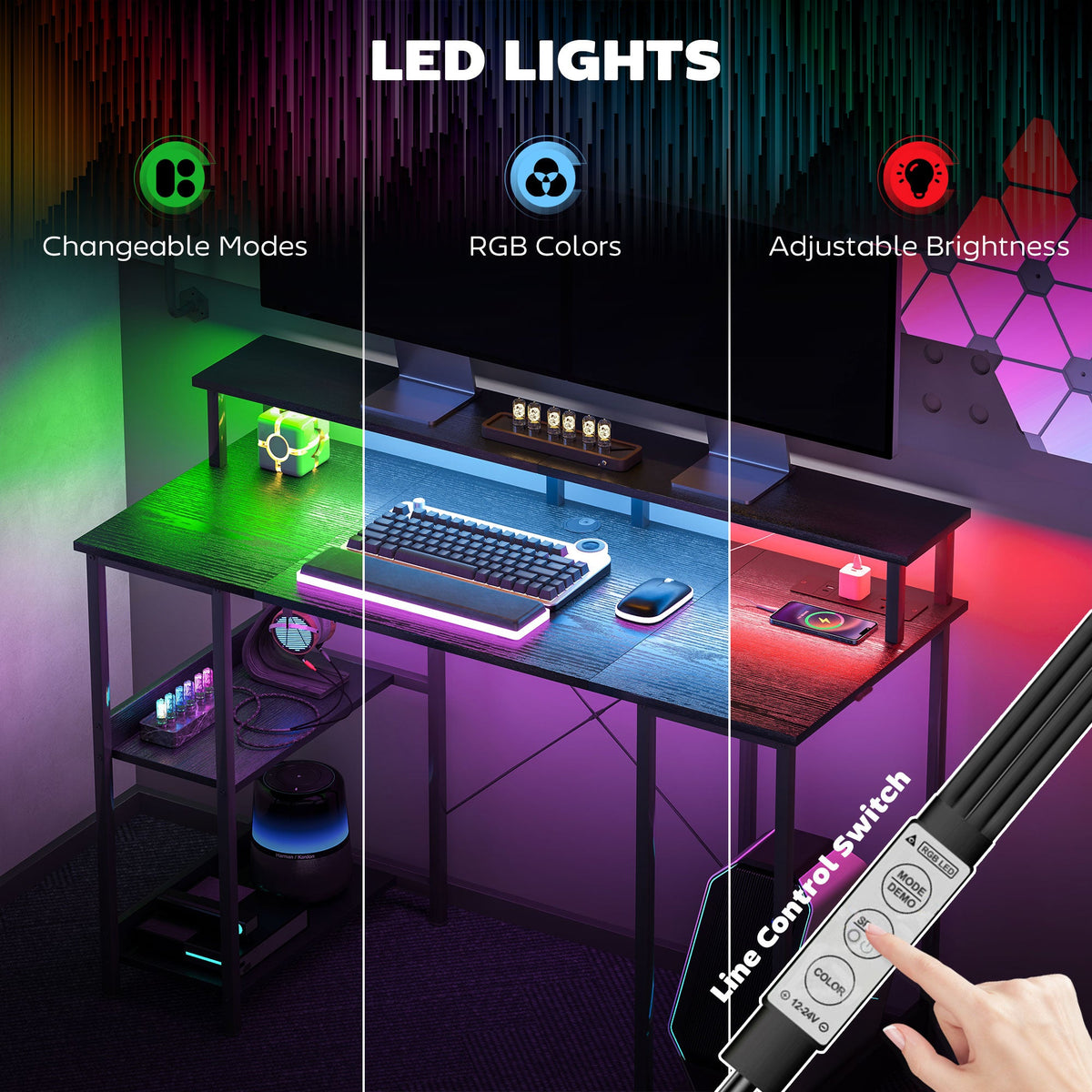 Black desk top with RGB LED light bar and adjustable brightness modes