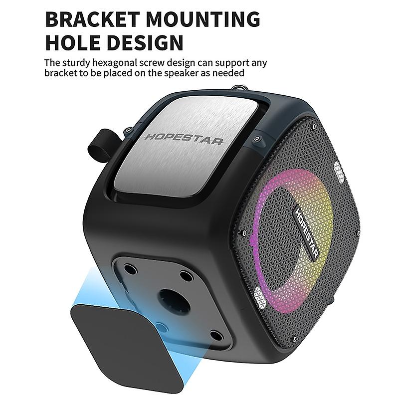 Black Hopestar Party One wireless speaker with stand, bracket mounting hole design and top panel.
