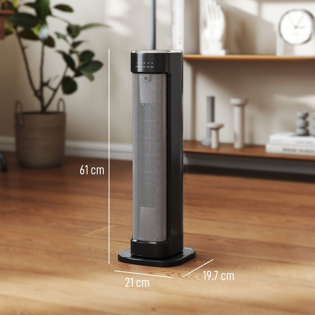 Black ceramic tower electric heater with front mesh grille and top control panel