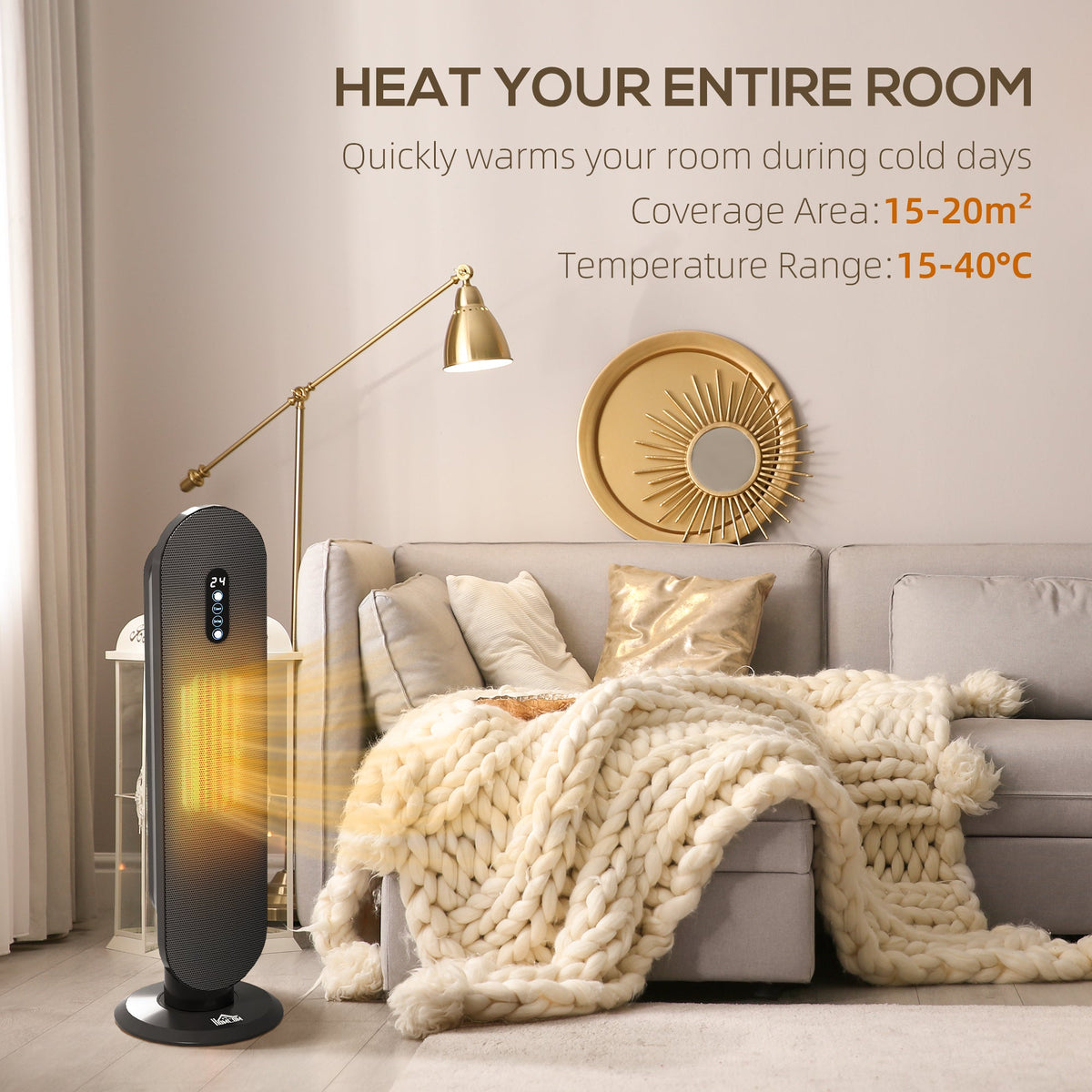 Black oscillating ceramic space heater with LED panel and warm glowing airflow