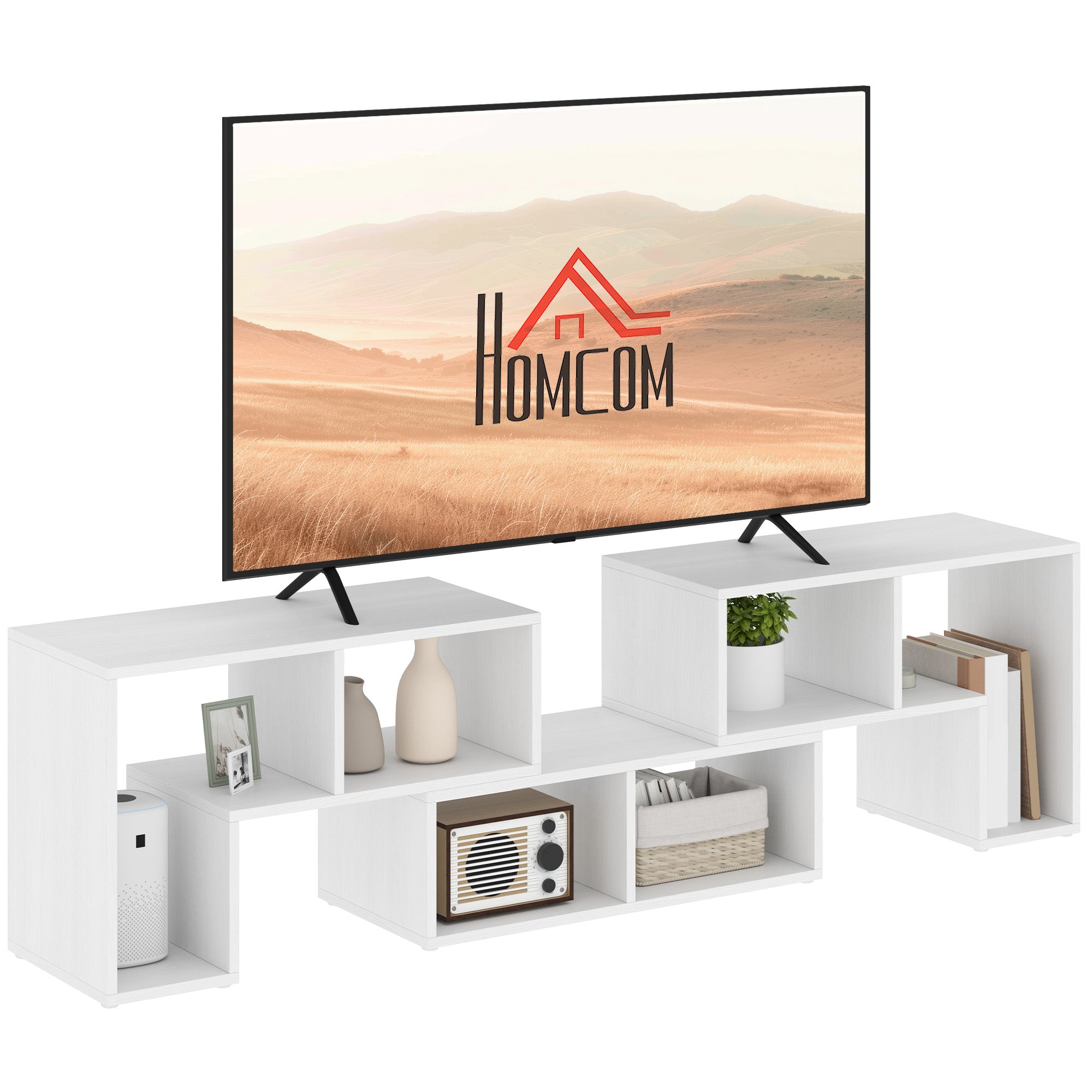 White TV console with open compartments and center media shelf, for up to 75 in TVs