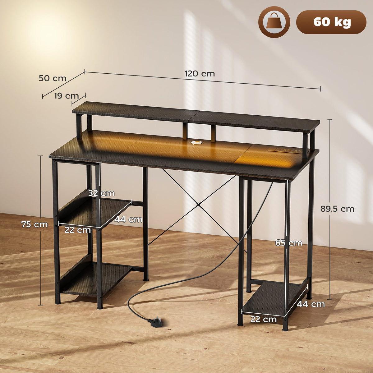 Grey computer desk with open shelves and X-shaped crossbar frame