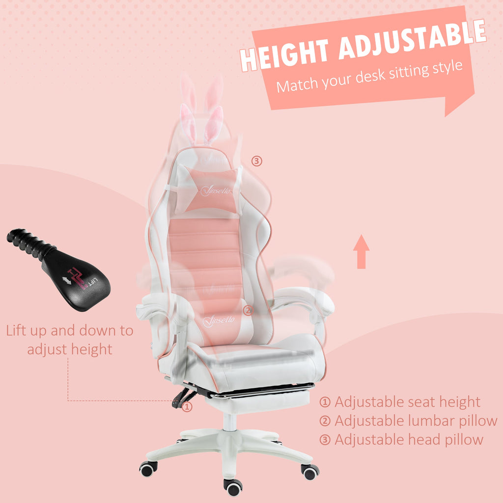 Height-adjustable gaming chair with bunny-ear headrest, pink striped backrest, white armrests