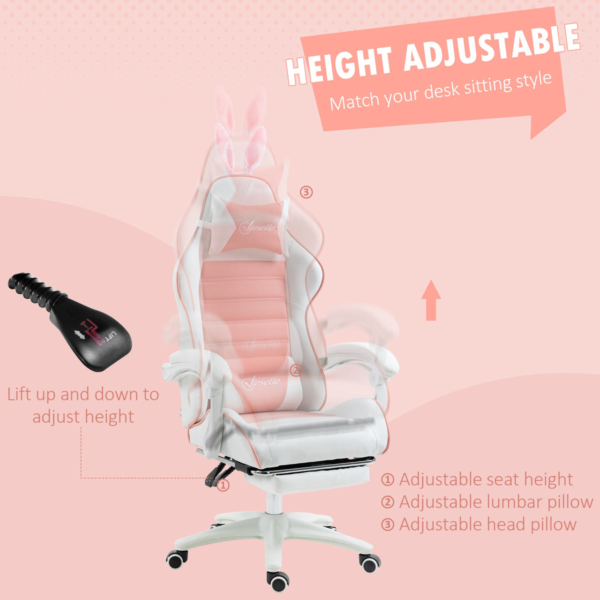 Height-adjustable gaming chair with bunny-ear headrest, pink striped backrest, white armrests