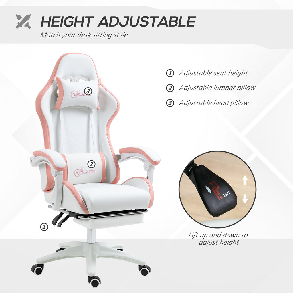 White and pink gaming chair with tall headrest, padded lumbar support, and swivel base