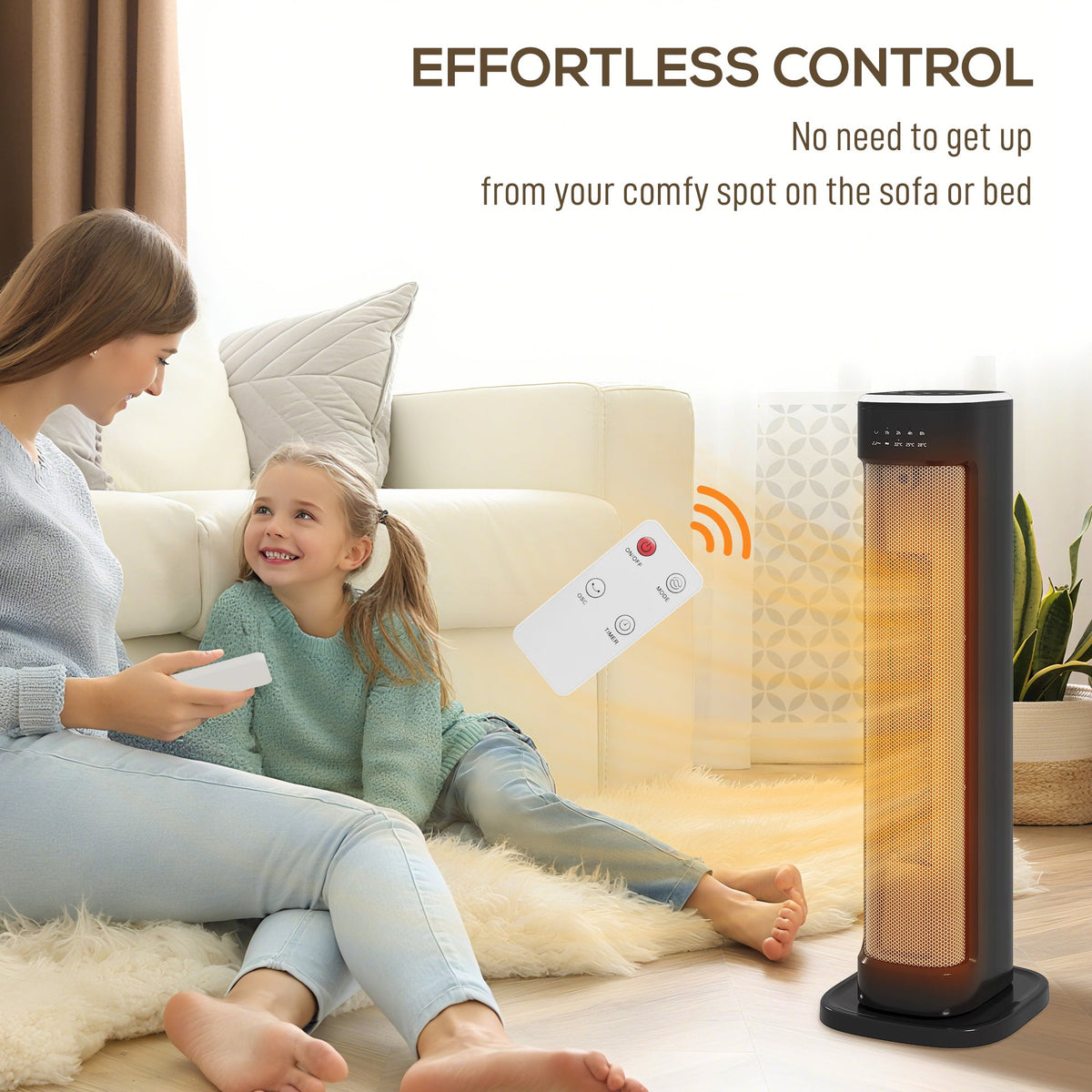 Black ceramic tower electric heater with glowing core and wireless remote control