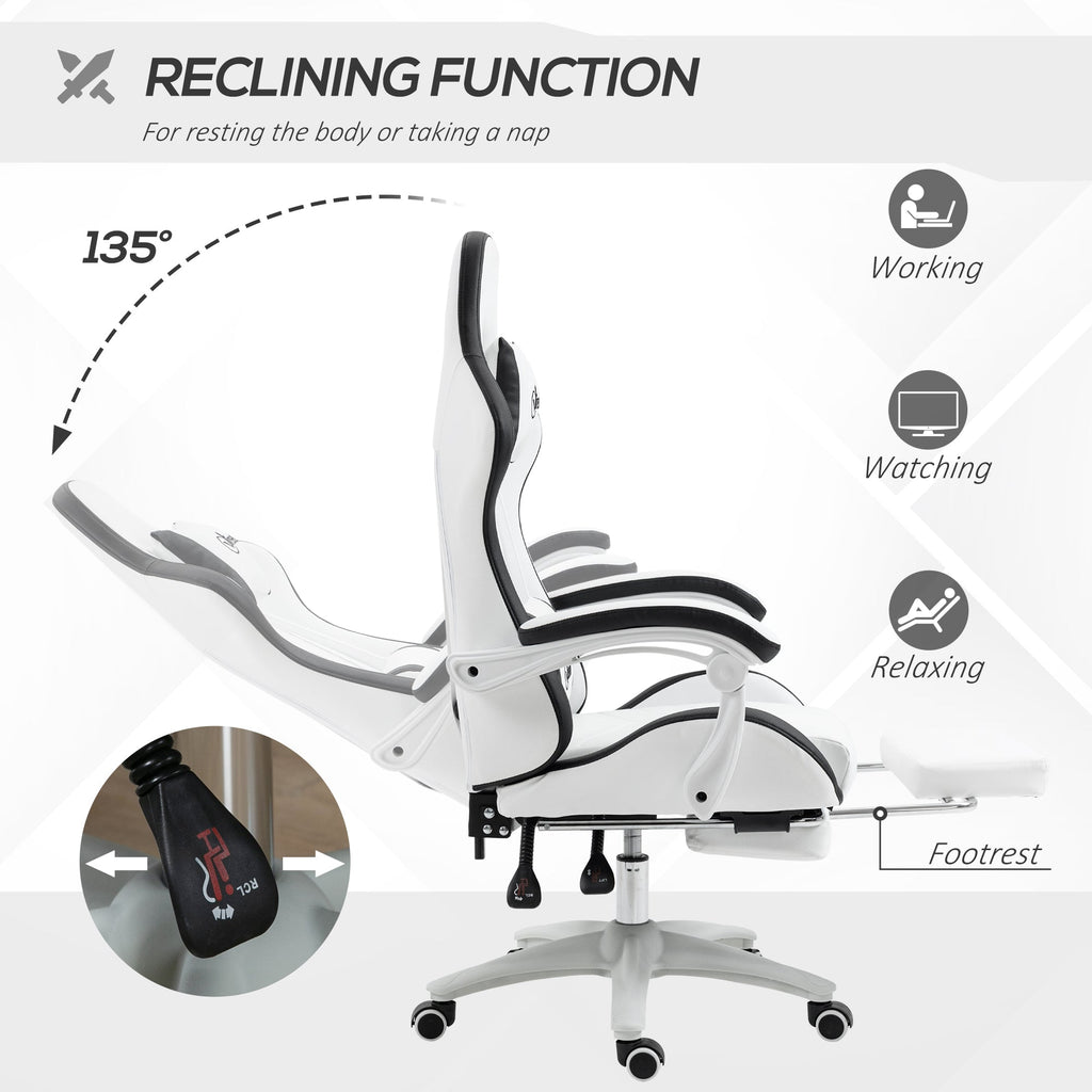 White gaming chair reclines up to 135°, with footrest and cushioned backrest.