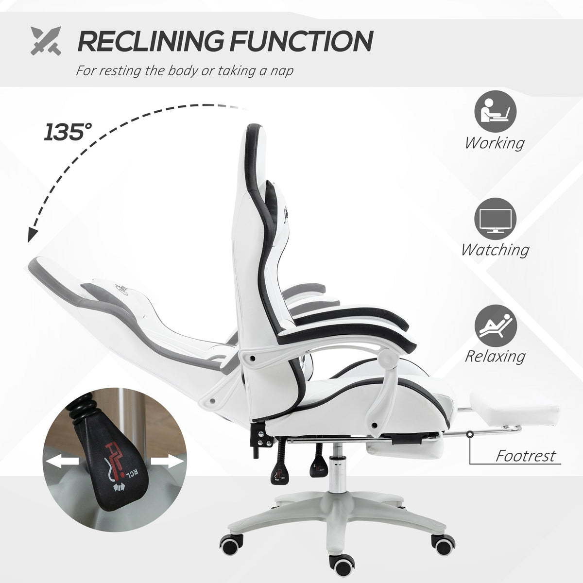White gaming chair reclines up to 135°, with footrest and cushioned backrest.