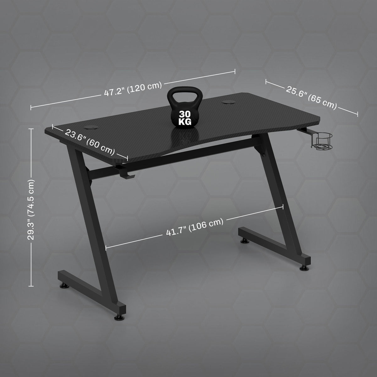 Black gaming desk with steel frame and adjustable feet, shown with size dimensions