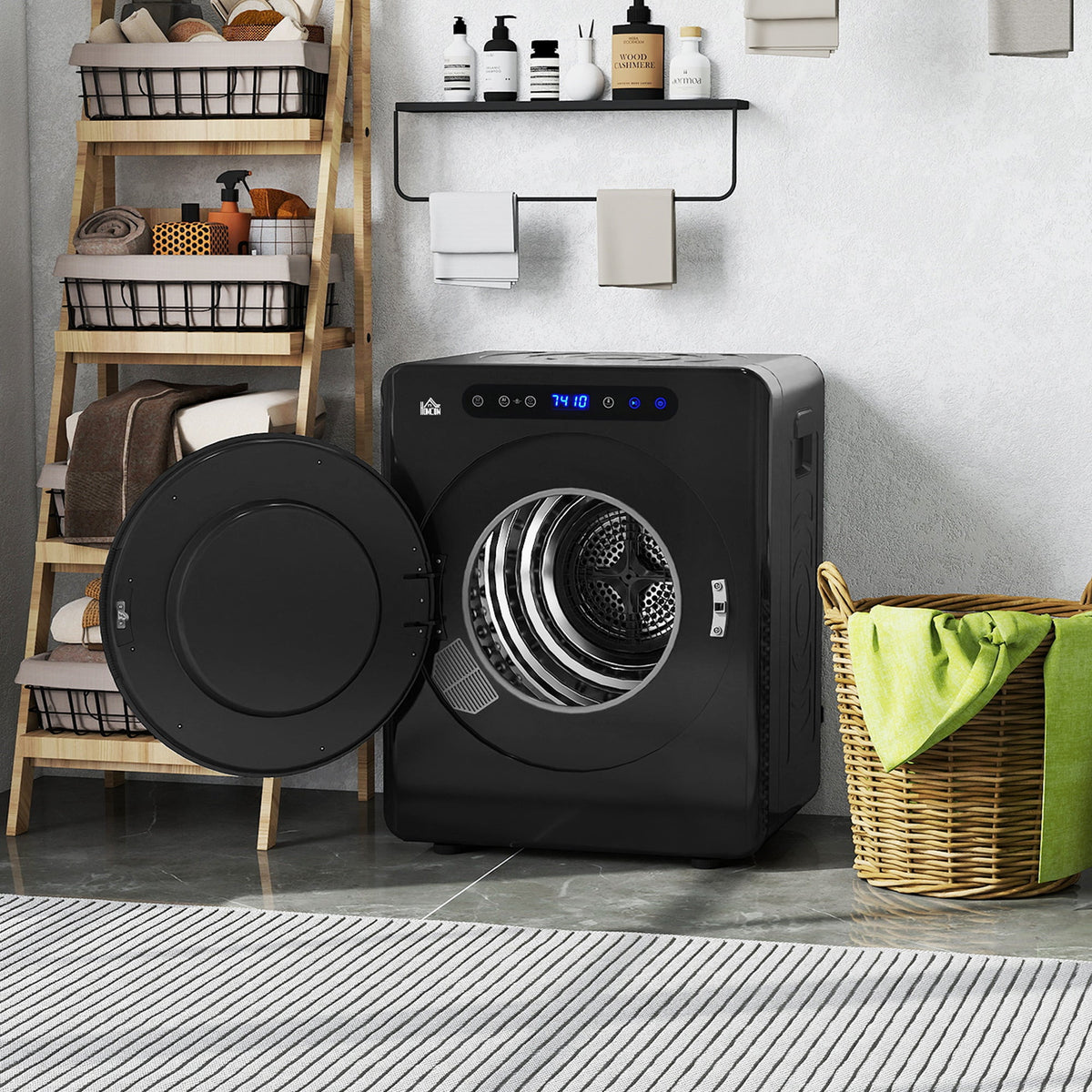 Black compact tumble dryer with open door and visible drum opening