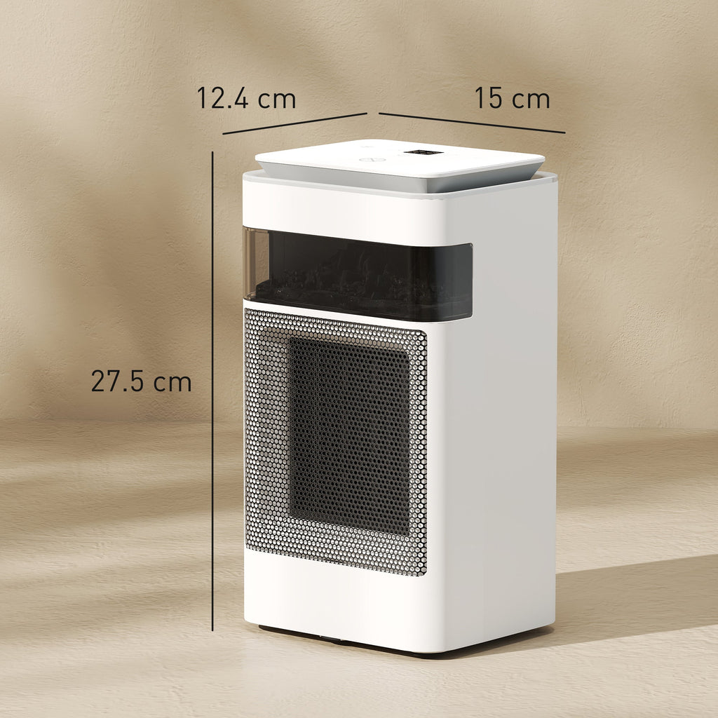 White ceramic electric heater with top control panel and front metal grille, shown with dimensions