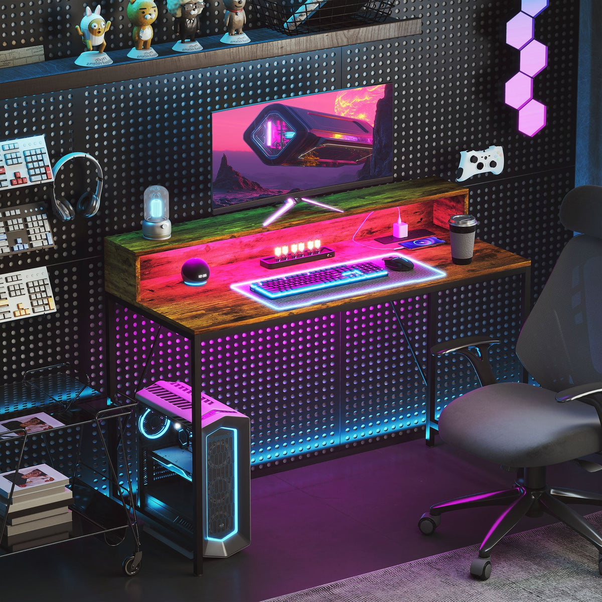 Rustic brown computer desk with multicolor LED lighting and gaming accessories