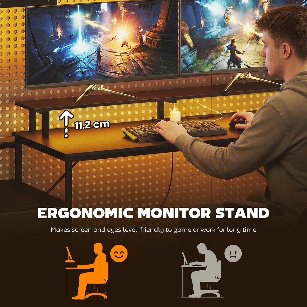 Black gaming desk with ergonomic monitor stand and keyboard deck for gaming