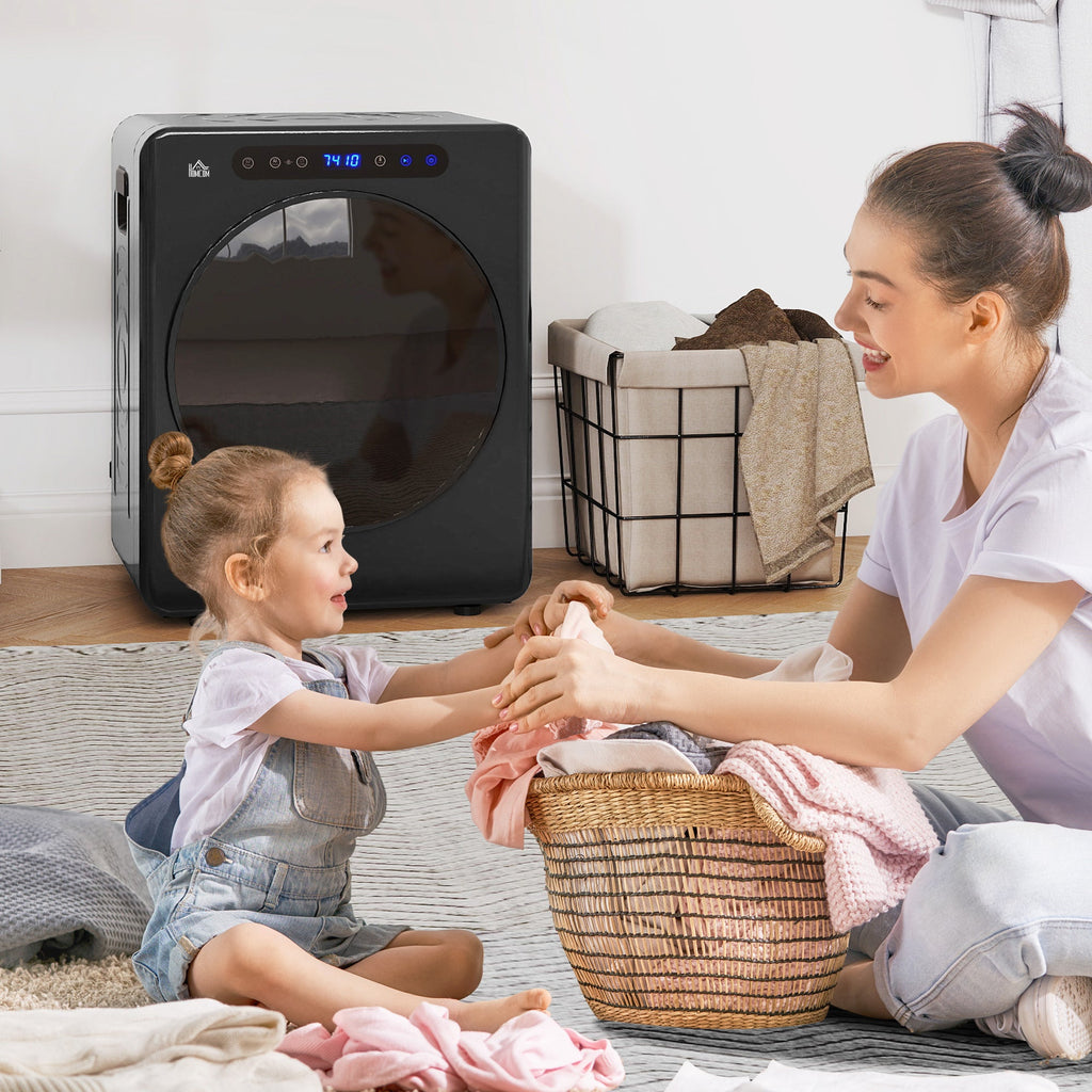 Black compact tumble dryer with front glass door and top control panel